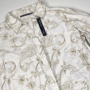 Club Z Collection Linen Blend Button Up Shirt Sz 2X Embroidered Vacation Top NWT